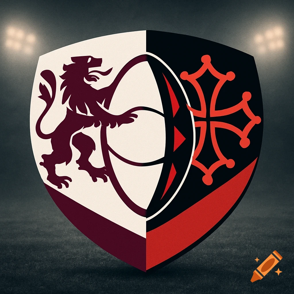 A shield-shaped sports logo, split vertically. Left has a maroon lion and rugby ball on white; right has a red cross on black. Stadium lights in background.