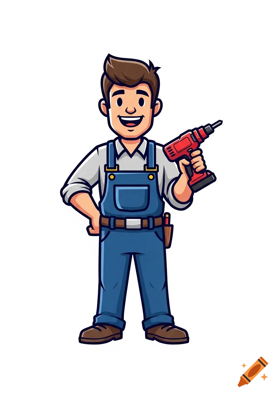 Friendly male cartoon technician in overalls holding a red impact drill, smiling, in a logo mascot style.