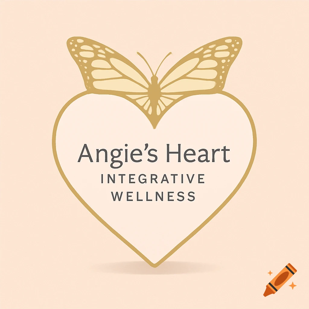 A minimalist logo featuring a gold butterfly forming the top of a gold-outlined heart. Inside, dark gray text reads "Angie's Heart INTEGRATIVE WELLNESS" on a light background.