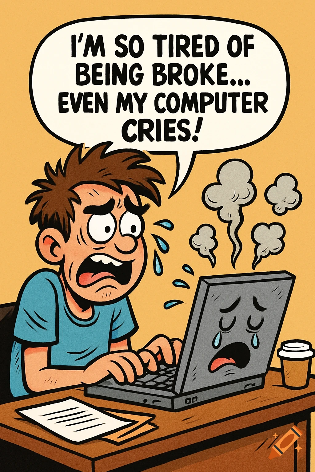 Cartoon man cries over his smoking, crying laptop, with a speech bubble ...