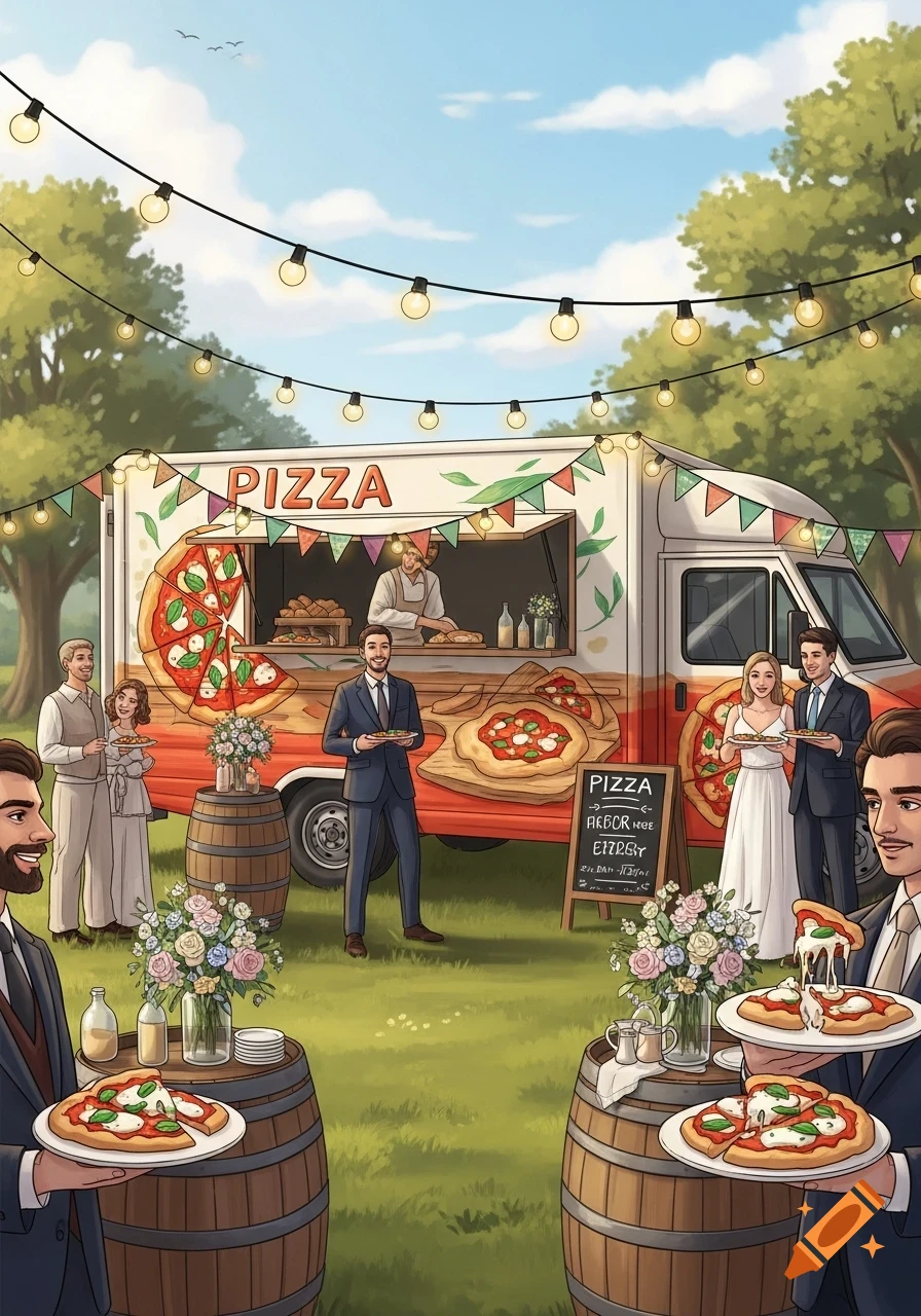 An outdoor wedding reception with a white pizza food truck. Guests in formal attire are holding plates of pizza and mingling under string lights.