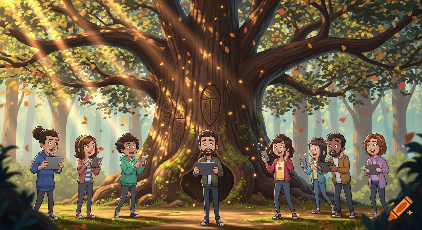 A group of diverse cartoon people, resembling YouTubers, stand in a ...