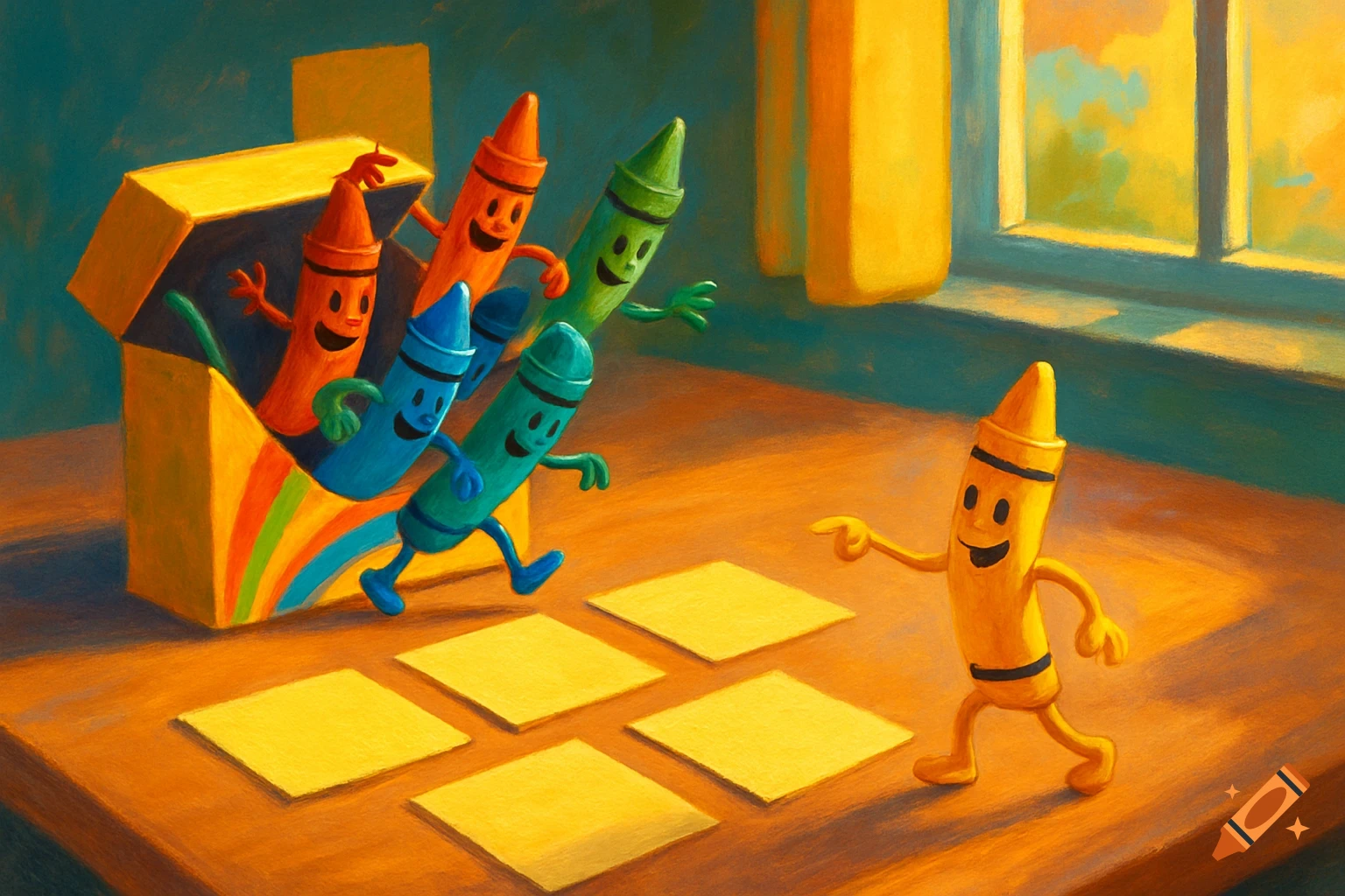 Animated red, orange, blue, and green crayons emerge from a box onto a desk, joining a yellow crayon pointing at five blank sticky notes.