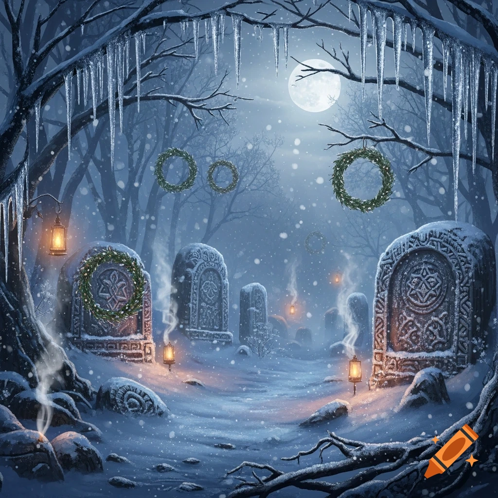 Mystical snowy graveyard at night under a full moon, with icicles, glowing lanterns, and wreaths on gravestones and trees.