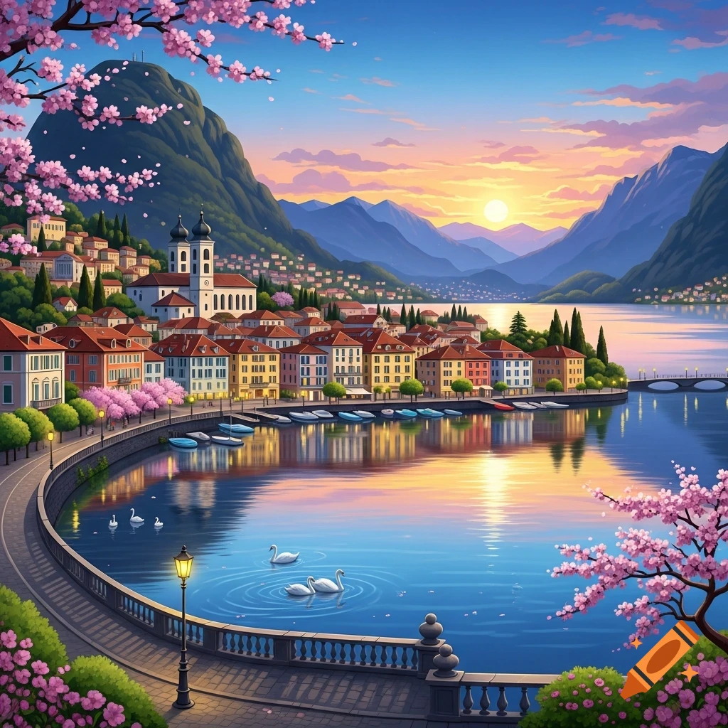 Picturesque European town with colorful buildings by a lake, surrounded by mountains and cherry blossoms at sunset, with swans.