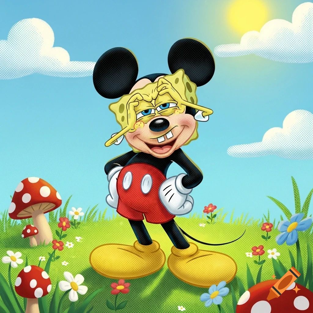 Mickey Mouse with a SpongeBob-like face making a mocking expression in a cartoon field with mushrooms and flowers under a sunny sky.