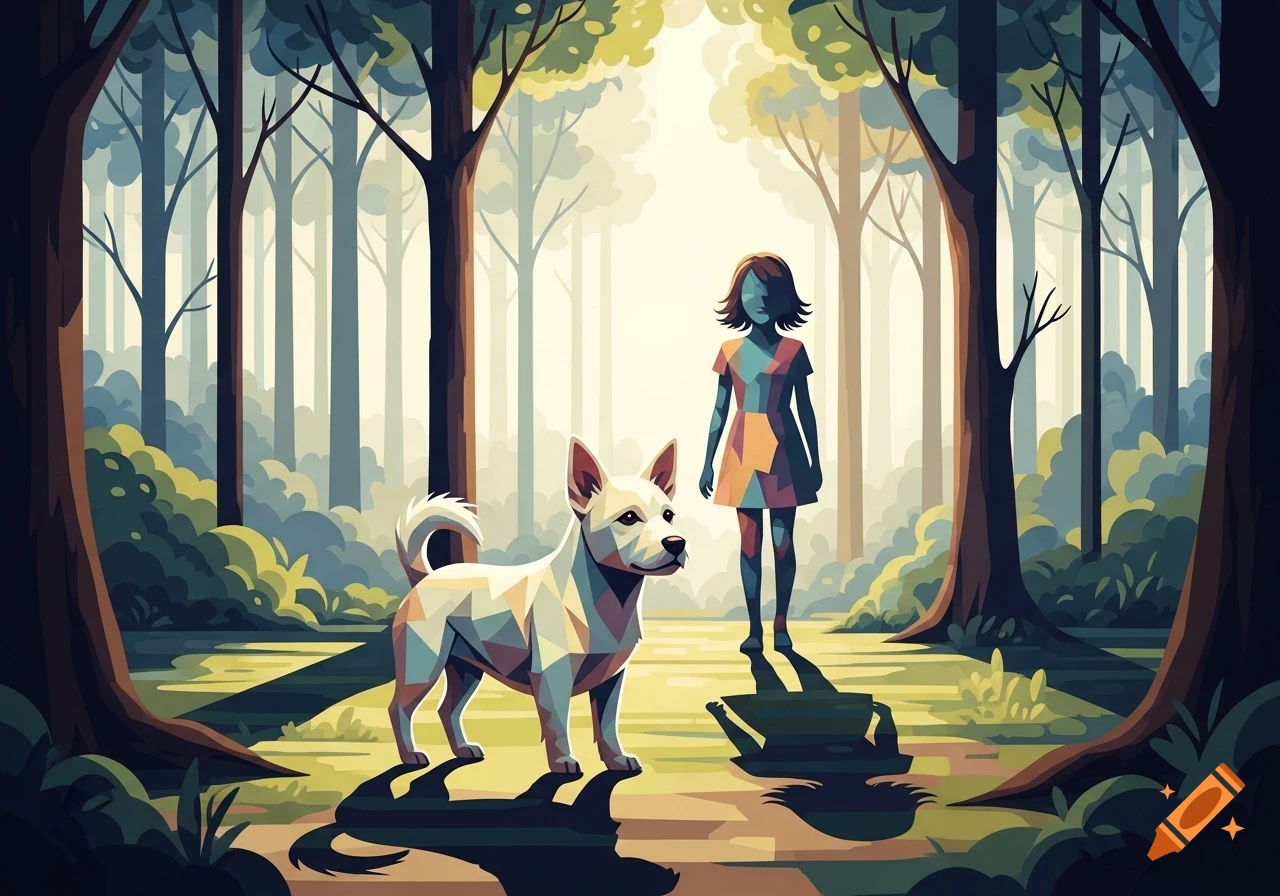 A white geometric dog and a stylized child stand in a bright, sunlit forest, rendered in a cubist art style.