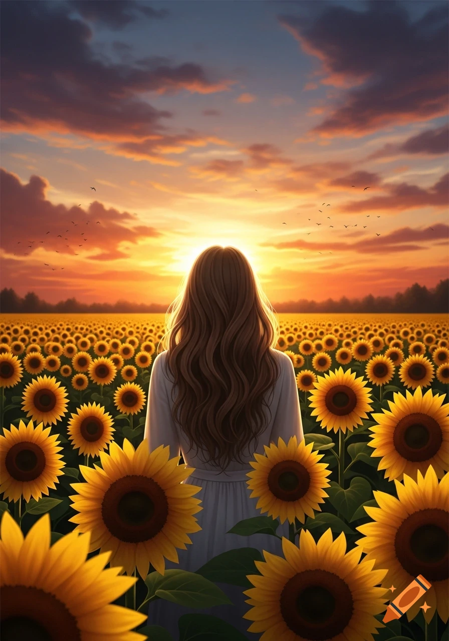 A woman with long brown hair stands with her back to the viewer, gazing at a vibrant sunset over a vast field of blooming sunflowers.