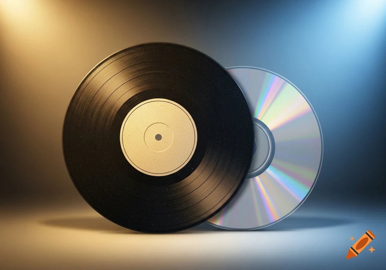 A black vinyl record with a beige label stands next to a silver CD on a surface, illuminated by warm and cool lights.