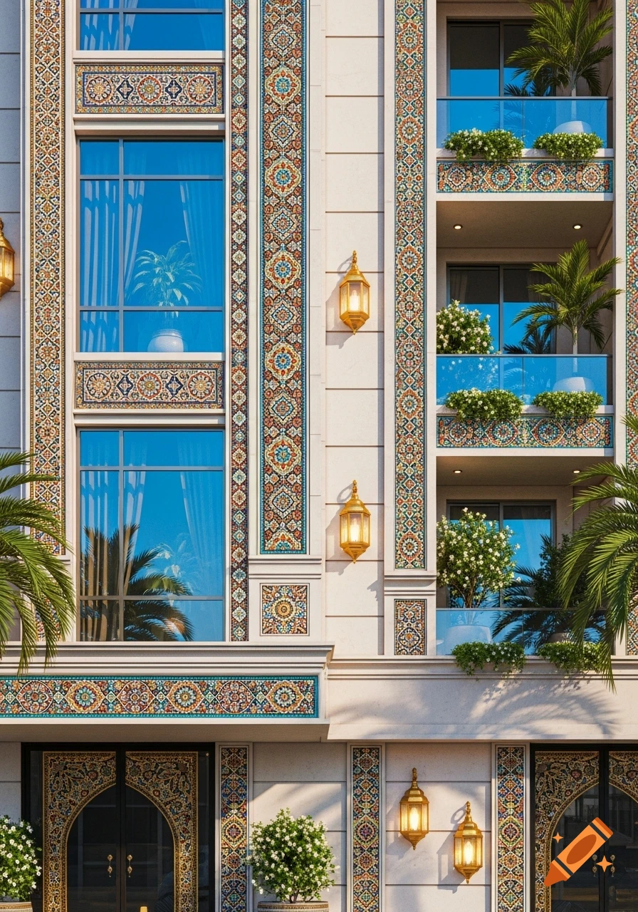 A detailed, colorful modern Persian apartment facade featuring intricate tile patterns, large windows, balconies with plants, and golden lanterns.