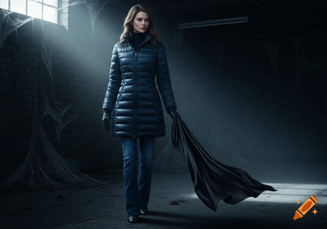 A woman in a dark blue puffer jacket, jeans, and leather gloves walks through an abandoned cellar, holding a black satin scarf.