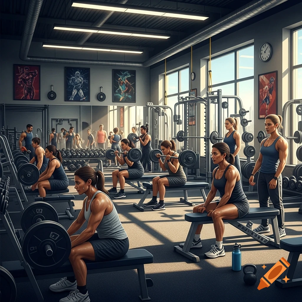 Photorealistic image of multiple women and some men working out with weights in a modern gym.