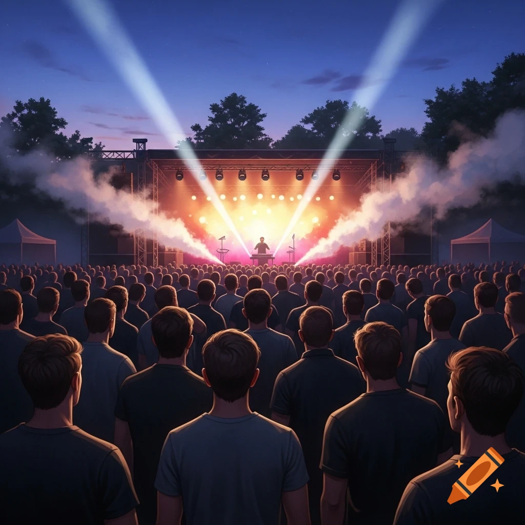 A large crowd of people seen from behind, watching a brightly lit outdoor concert stage at dusk.