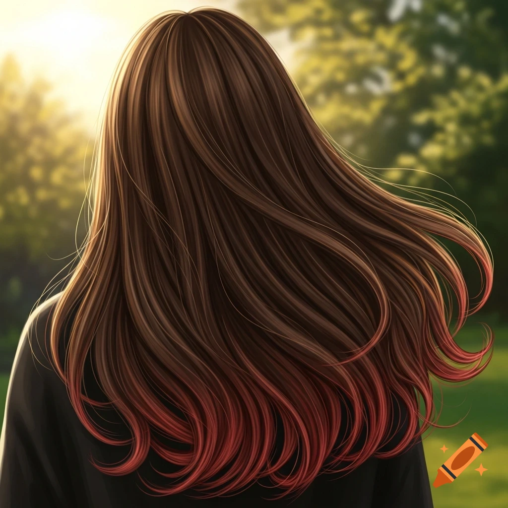 A person seen from behind, with long brown hair featuring cherry-red tips flowing against a sunny, blurred green outdoor background.