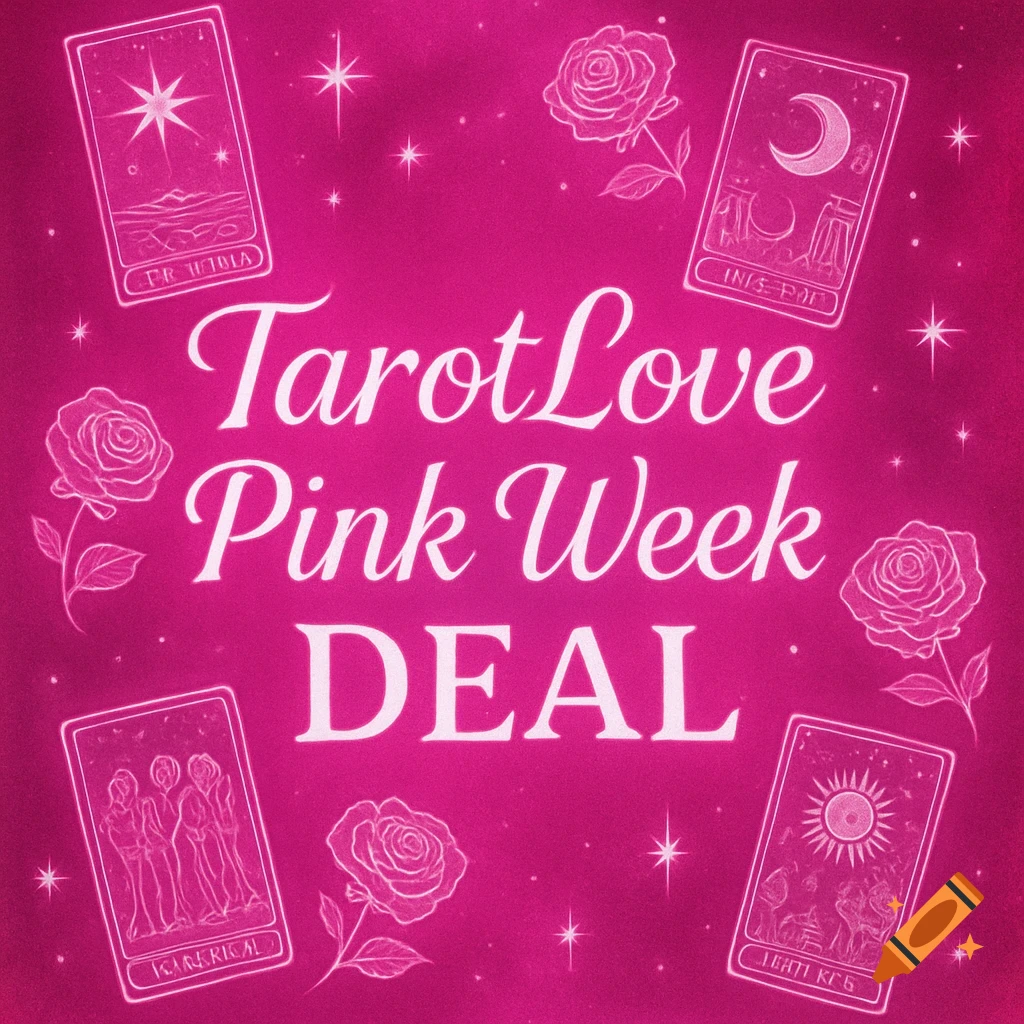 Pink background with white text 'TarotLove Pink Week DEAL' surrounded by outline drawings of tarot cards, roses, and sparkling stars.