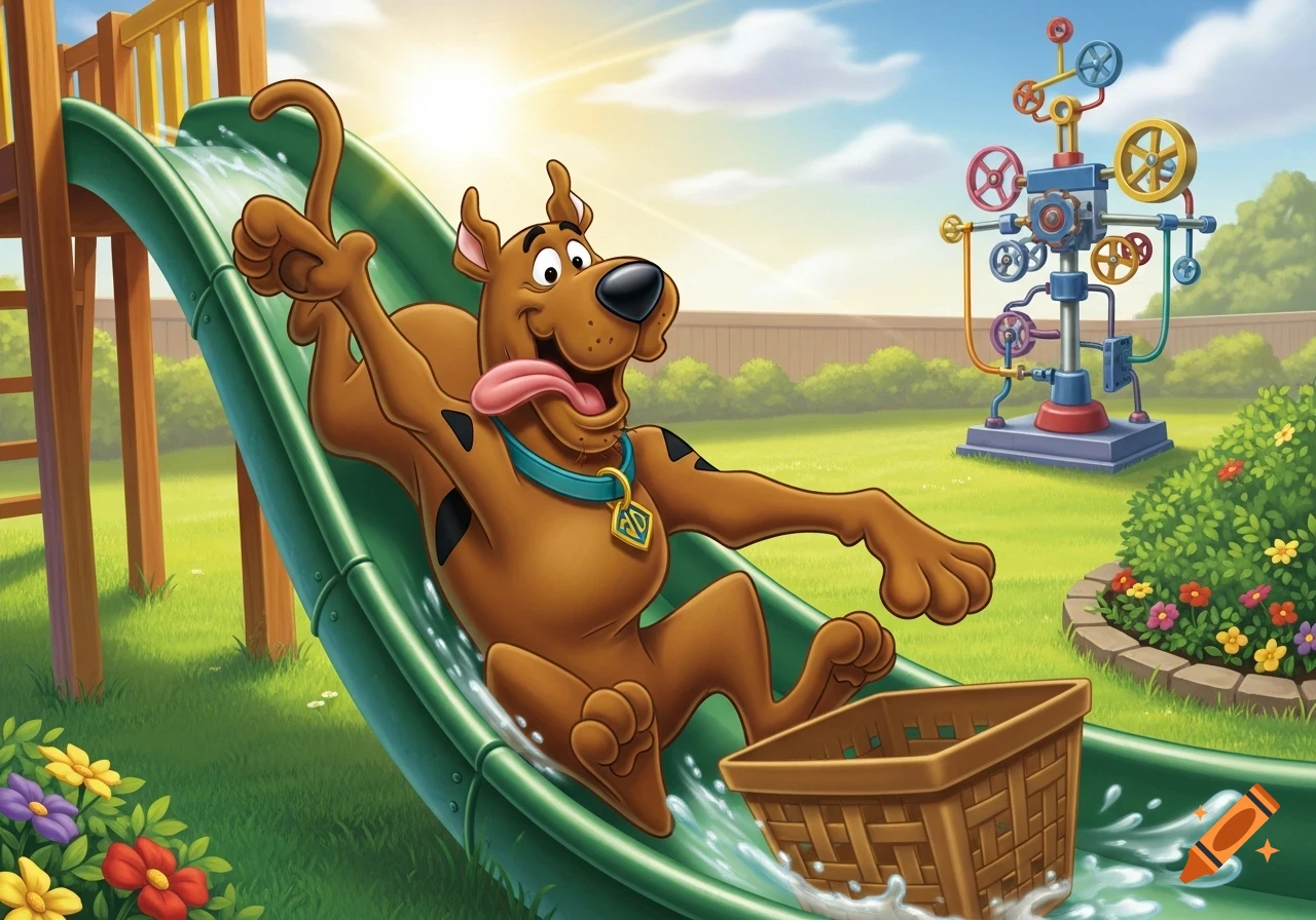 Scooby Doo happily slides down a green water slide with a basket in a sunny backyard.
