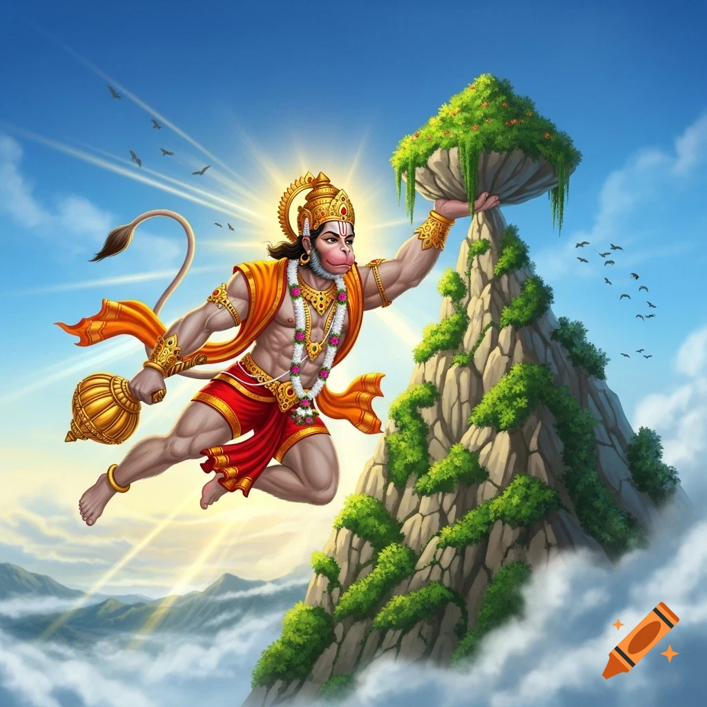 Vibrant illustration of Hanuman, the monkey-god, flying through a blue sky, carrying a mountain in one hand.