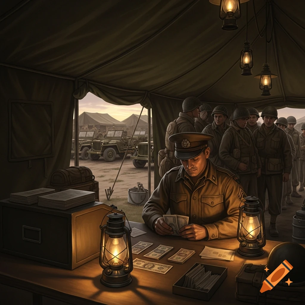 A detailed illustration of a soldier in a military tent counting money, with other soldiers and jeeps in the background.