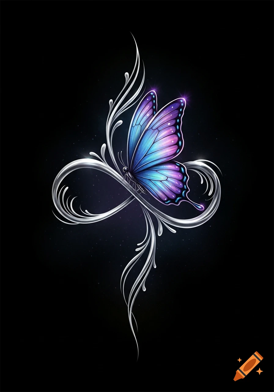 A vibrant blue and purple butterfly with glowing wings intertwined with a shiny silver infinity symbol, on a dark, starry background.