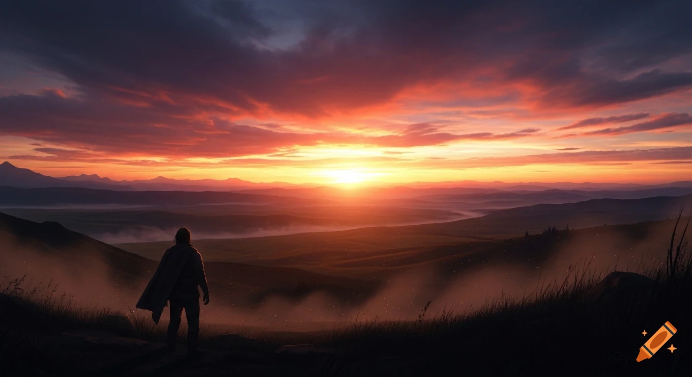 A lone figure stands on a hill, overlooking a vast valley bathed in the dramatic orange and red light of a cinematic sunset.