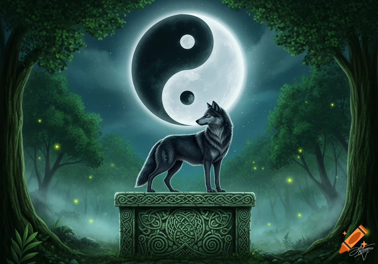 A dark wolf stands on a Celtic stone altar in a mystical forest at night, under a glowing Yin Yang moon.