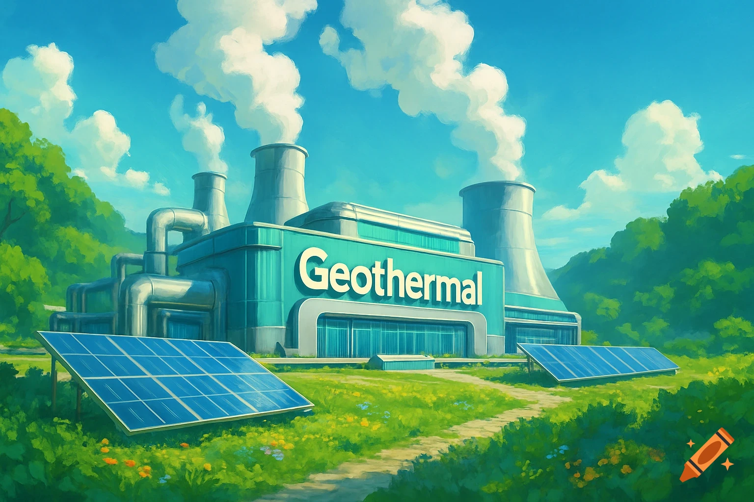 Stylized illustration of a geothermal power plant with cooling towers, pipes, and solar panels in a lush green landscape under a blue sky.