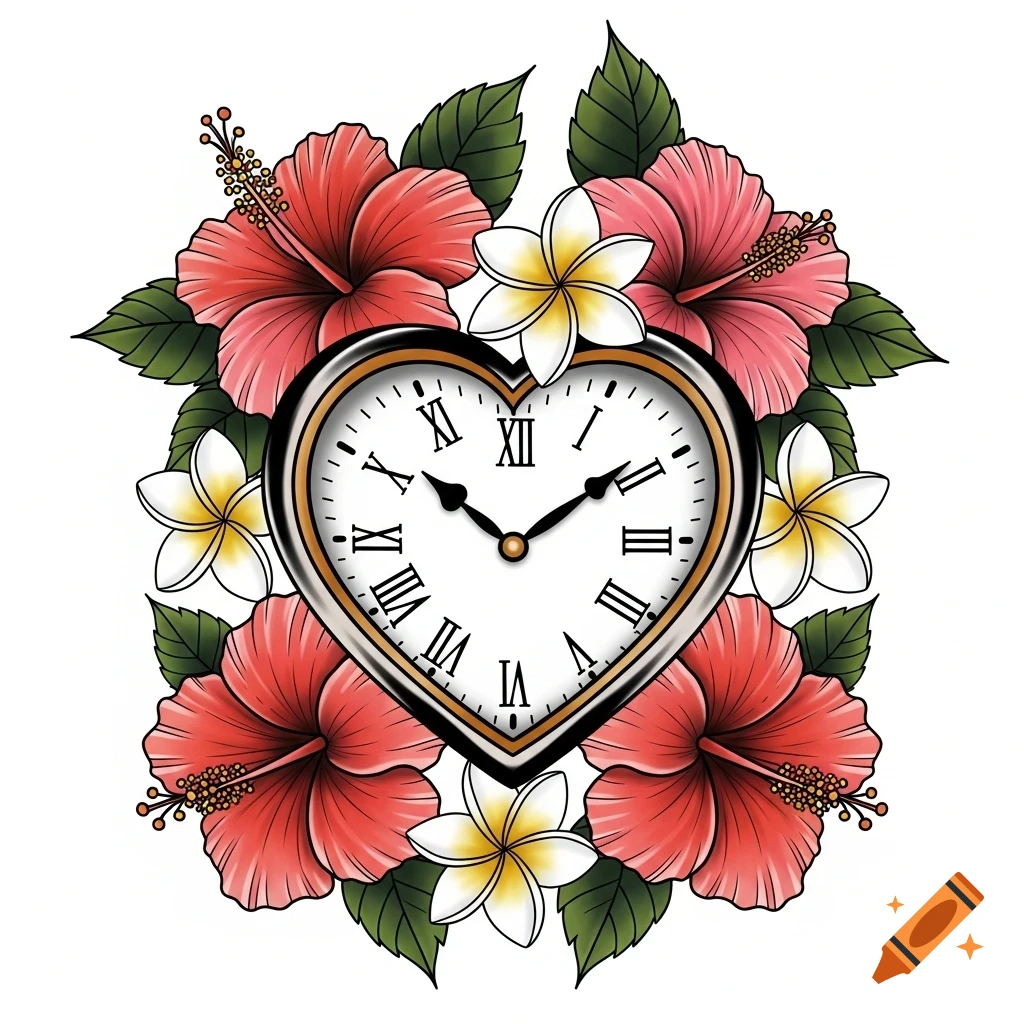 American traditional illustration of a heart-shaped clock with Roman numerals surrounded by red hibiscus and white plumeria flowers.