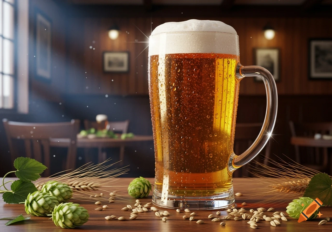 A tall, frosted mug of golden beer with a thick head of foam sits on a wooden table with hops and wheat in a dimly lit pub. Photorealistic.