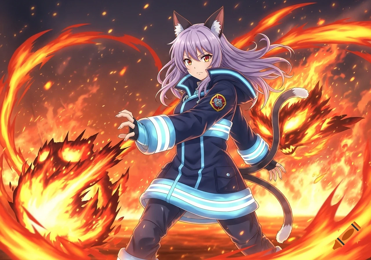 An anime catgirl in a dark blue and light blue firefighter uniform stands amidst swirling flames.