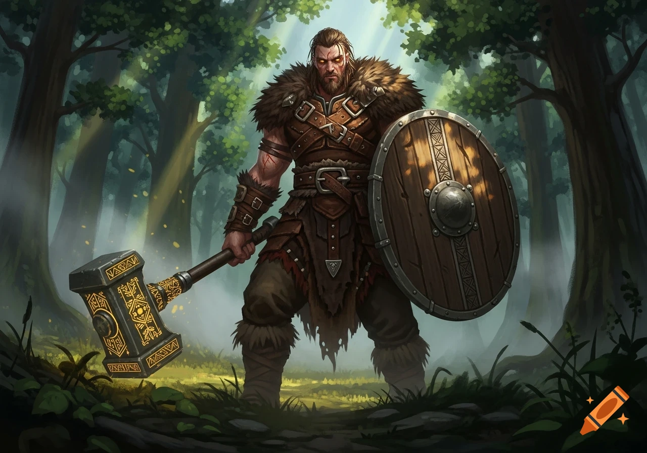 A fierce barbarian warrior with glowing red eyes, clad in fur and leather armor, holds a large warhammer and a wooden shield in a mystical forest.