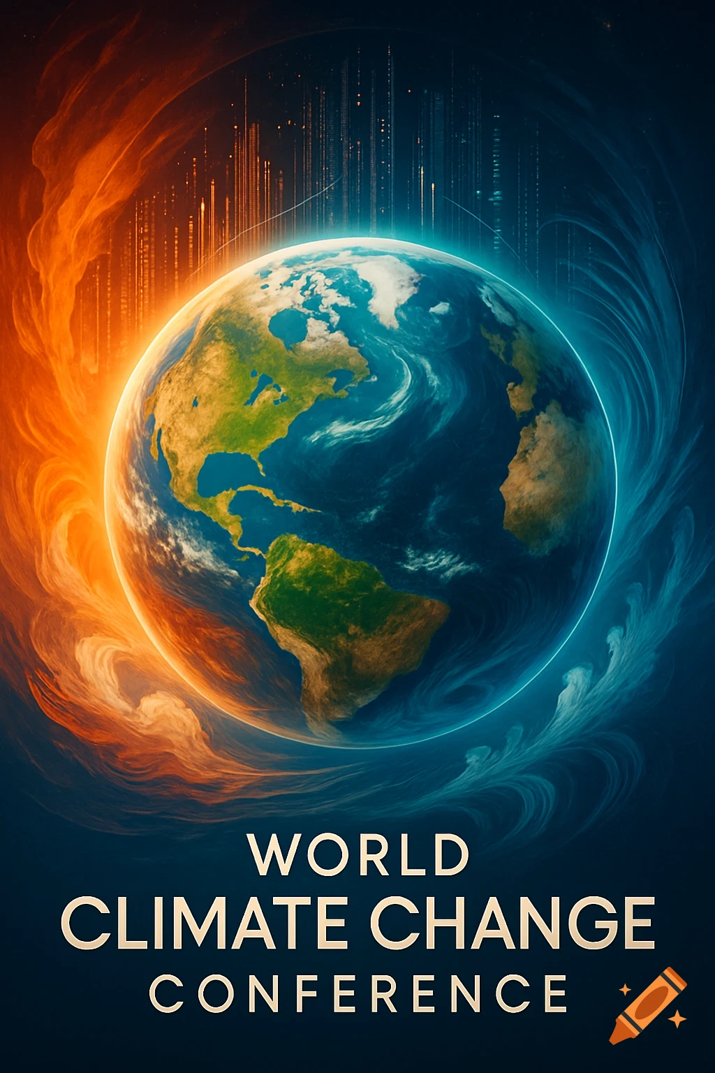 A stylized poster showing planet Earth divided by fiery orange and cool blue energy, with glowing digital lines above. Text reads "WORLD CLIMATE CHANGE CONFERENCE".