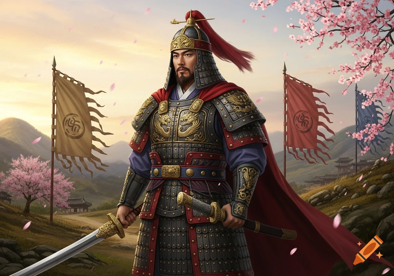 A majestic ancient Korean warrior in elaborate Goguryeo armor and red cape holds a sword, standing in a scenic mountainous landscape with cherry blossoms at sunset.