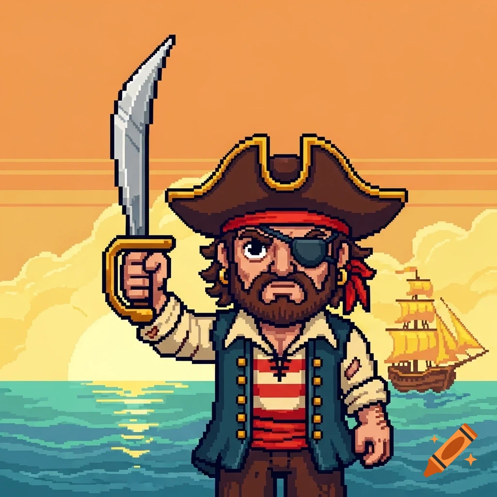 Pixel art depiction of a pirate holding a sword, with an eyepatch and a ship on the ocean at sunset.