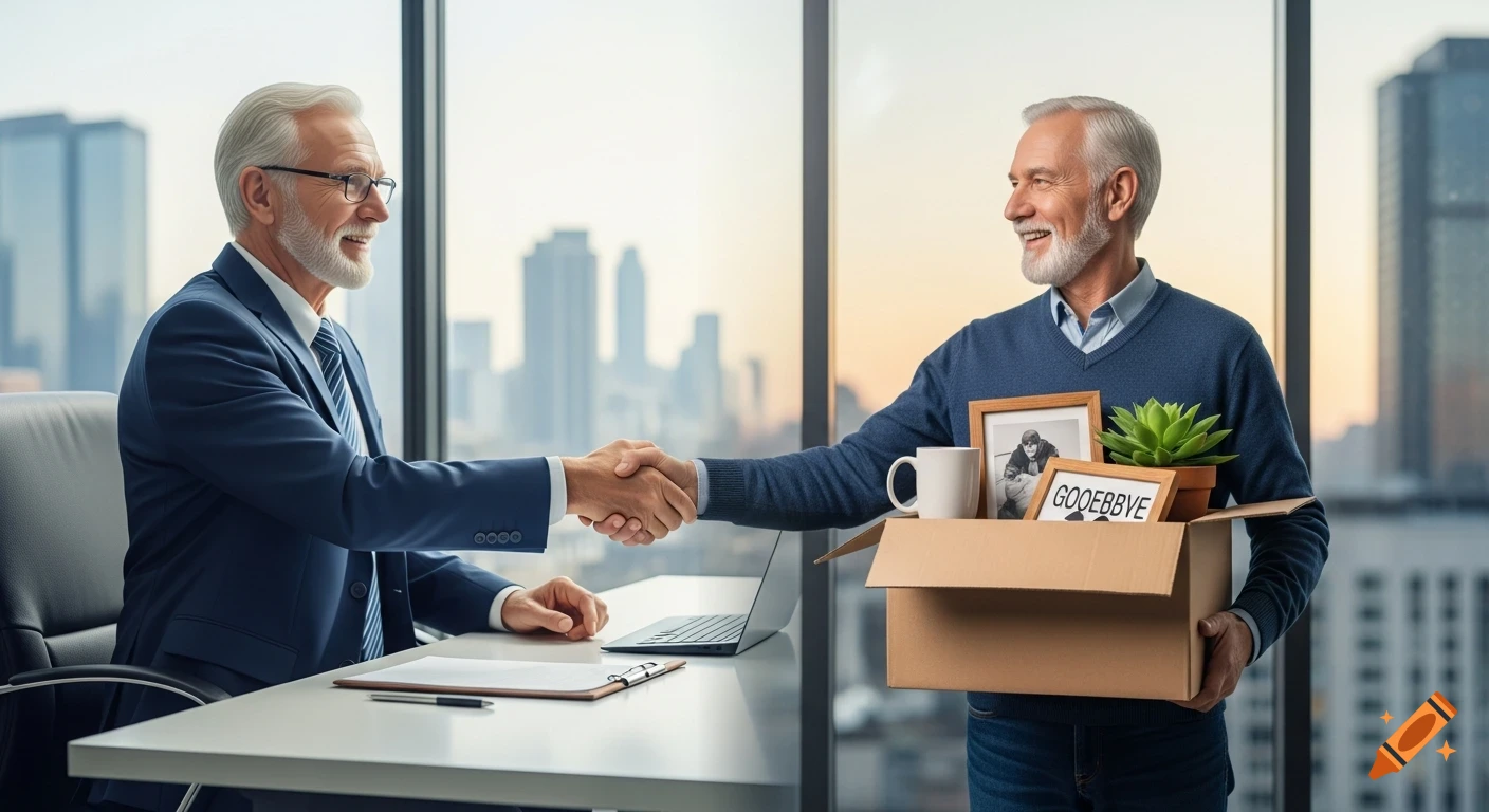 Two smiling older white men shake hands in an office, one in a suit sitting at a desk and the other in a sweater holding a box of personal items with "GOOEBBYE" on a frame, against a city skyline.