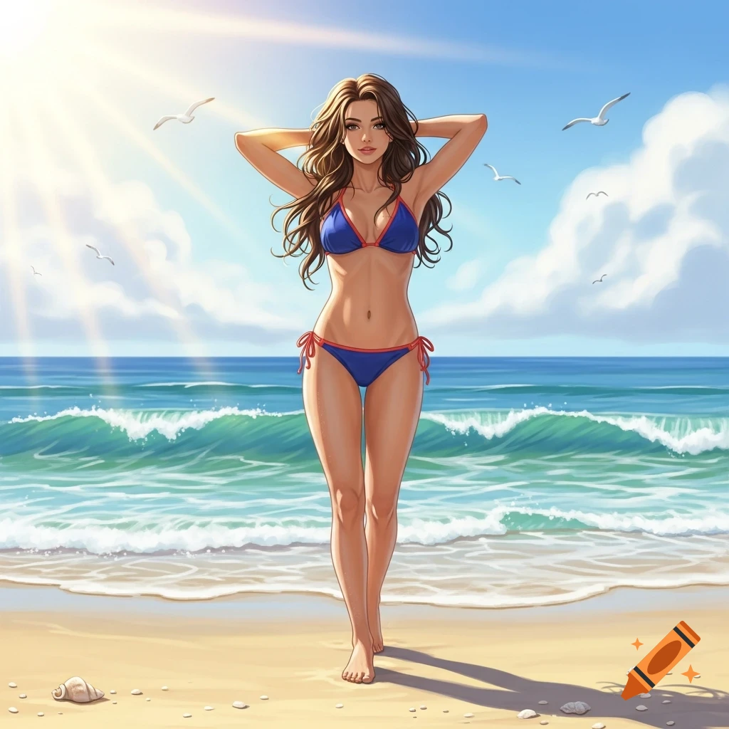 Illustrated woman with brown hair in a blue bikini on a sunny beach with ocean waves and seagulls.