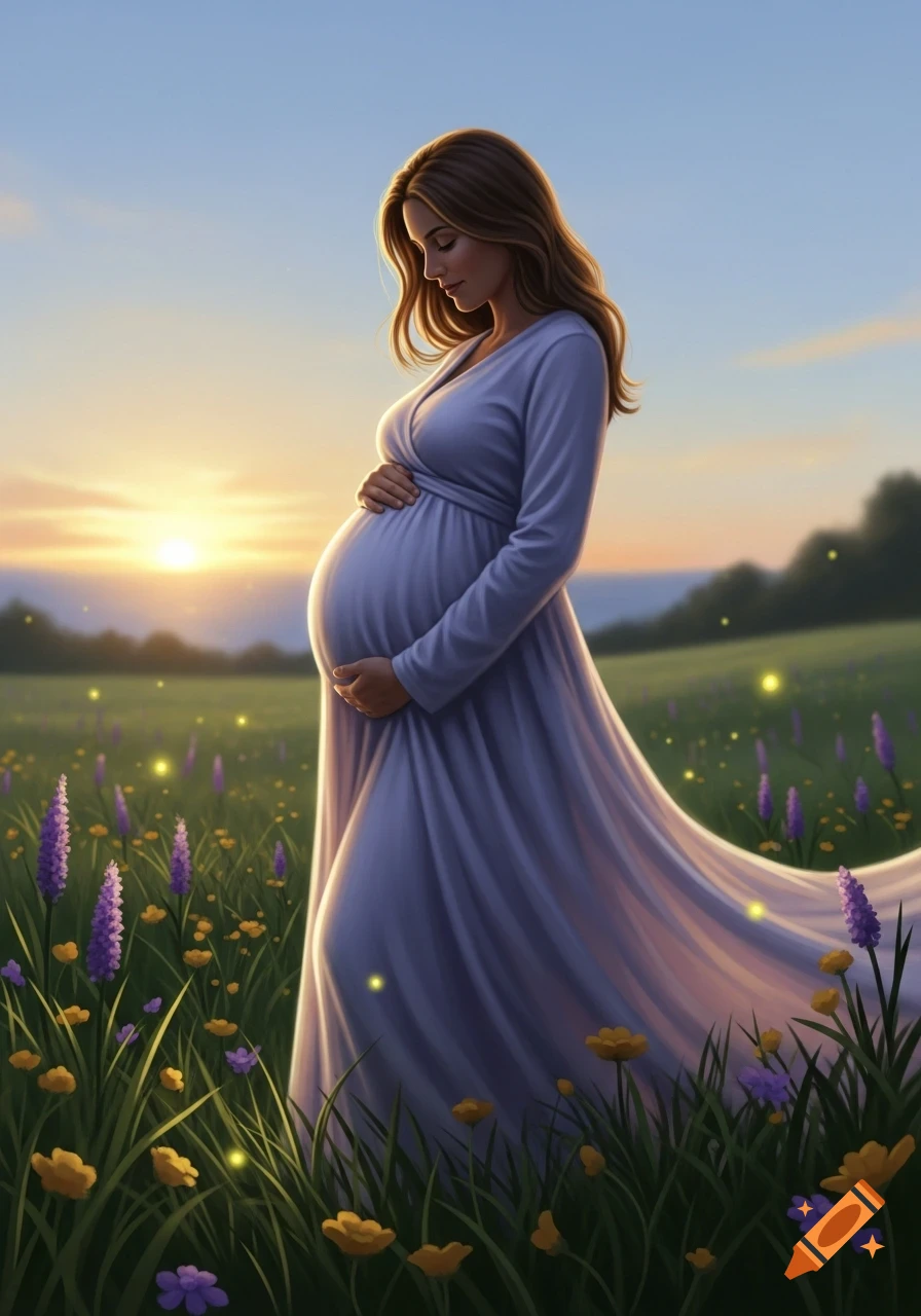 A pregnant woman in a flowing dress holds her belly, standing in a field of wildflowers at sunset, digital art.