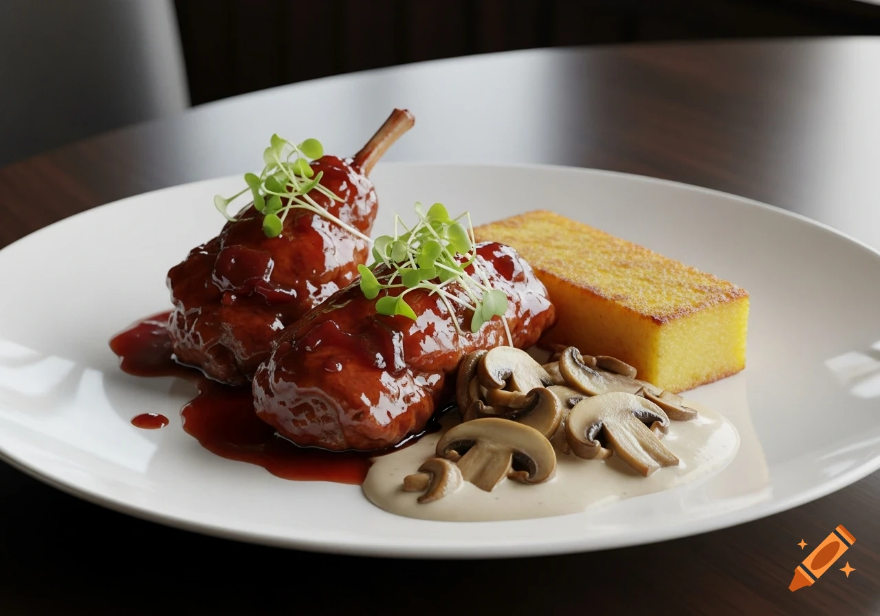 Two pieces of rabbit meat in red wine sauce, garnished with microgreens, alongside a rectangular piece of polenta and sliced mushrooms in cream sauce on a white plate. Photorealistic.