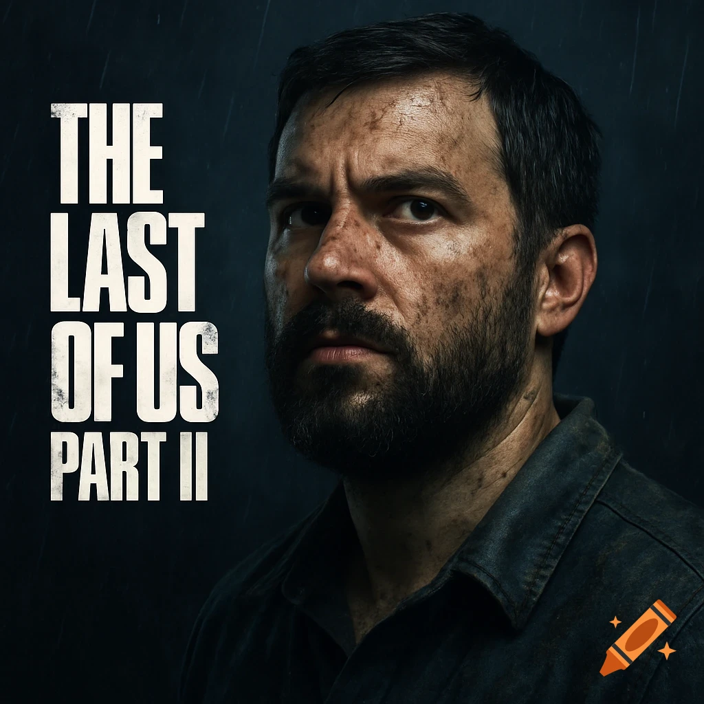 Photorealistic portrait of a grim-faced, bearded man with dirt on his face, against a dark, rainy background. The text 'THE LAST OF US PART II' is on the left.