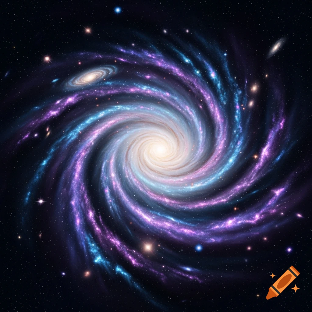 A vibrant spiral galaxy with a bright white core, swirling blue and purple nebulous arms, and scattered stars against a dark cosmic background.