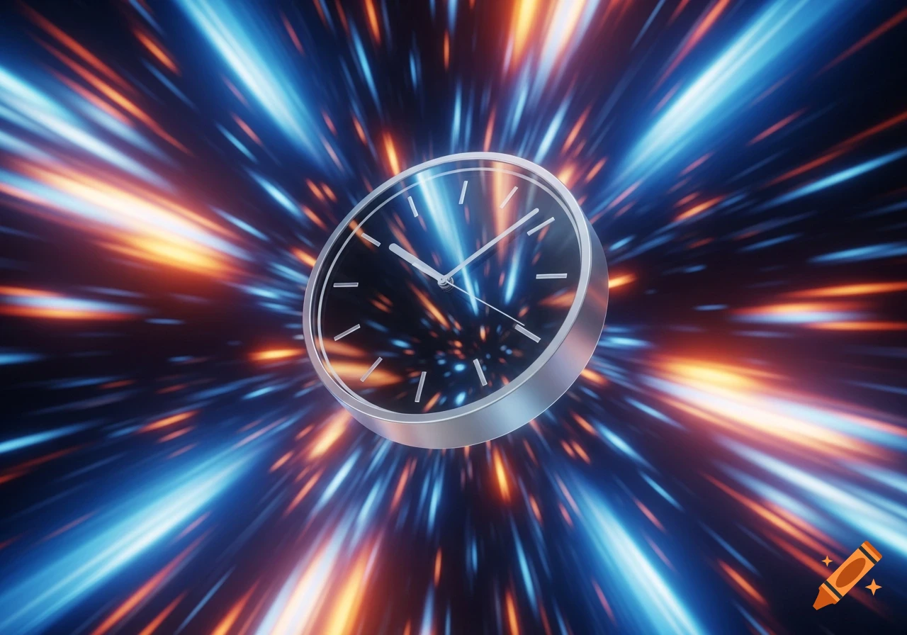 A minimalistic clock with a silver rim and dark face appears suspended in a colorful warp-speed tunnel of blue and orange light streaks.