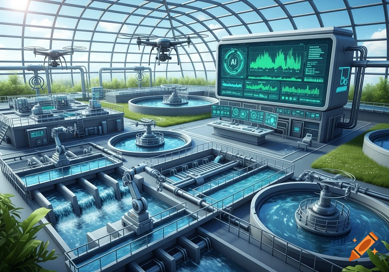 Futuristic AI wastewater facility under a glass dome, featuring drones, robotic arms, and water processing tanks.