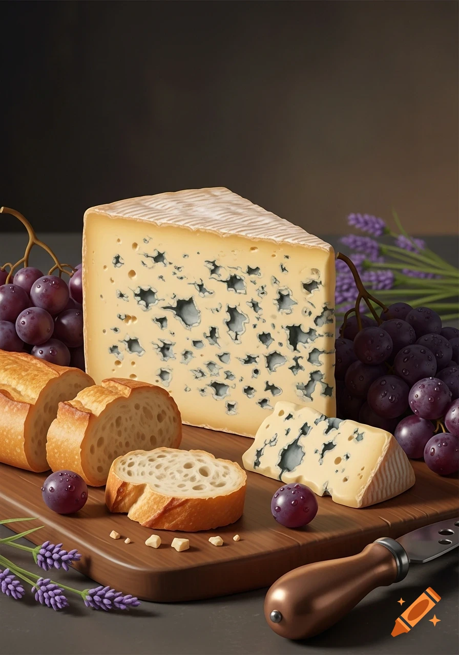 Photorealistic still life of blue cheese, sliced baguette, purple grapes, and lavender on a wooden cutting board with a knife.