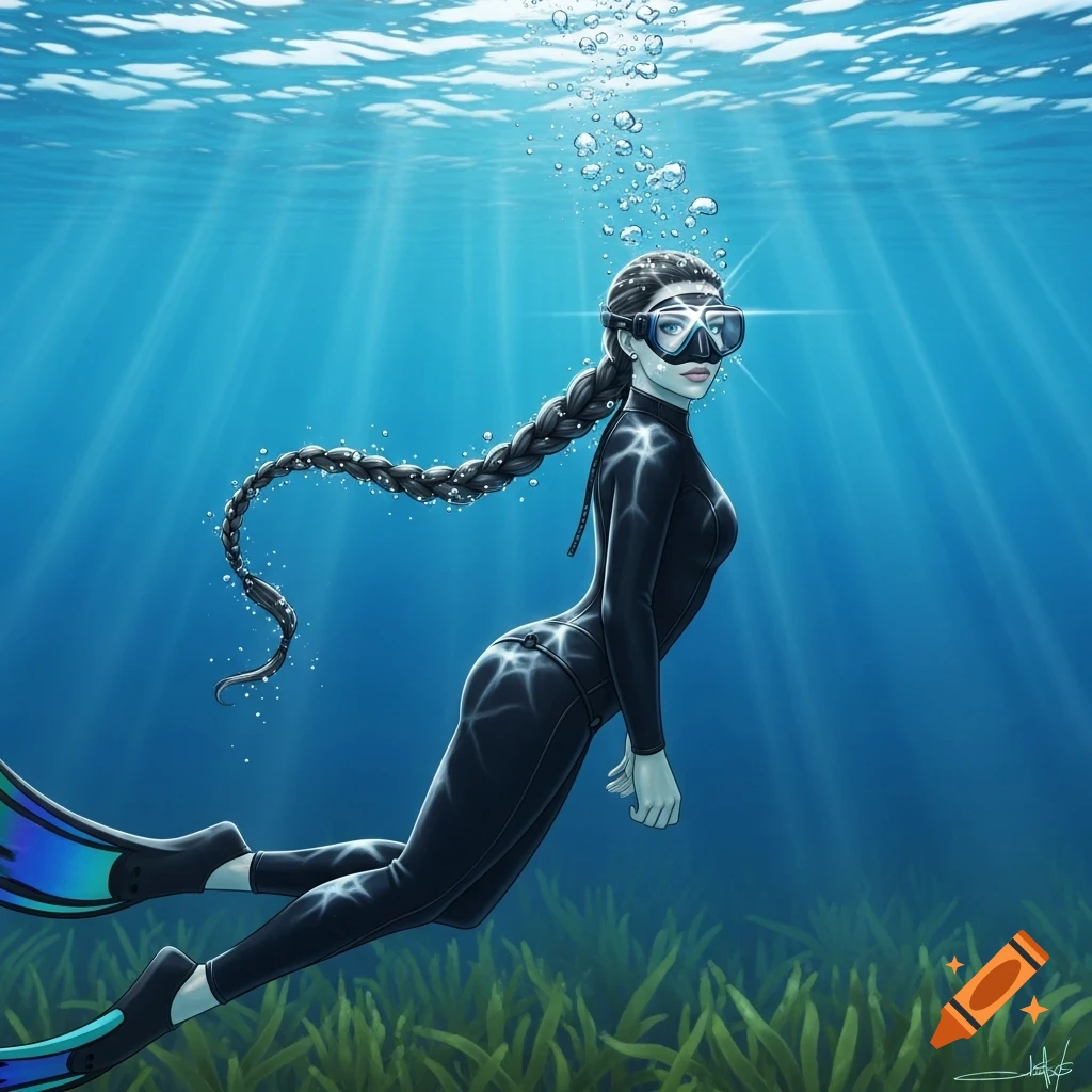 Illustration of a female diver with a long braid, wearing a wetsuit and fins, swimming underwater amidst light rays and seagrass.