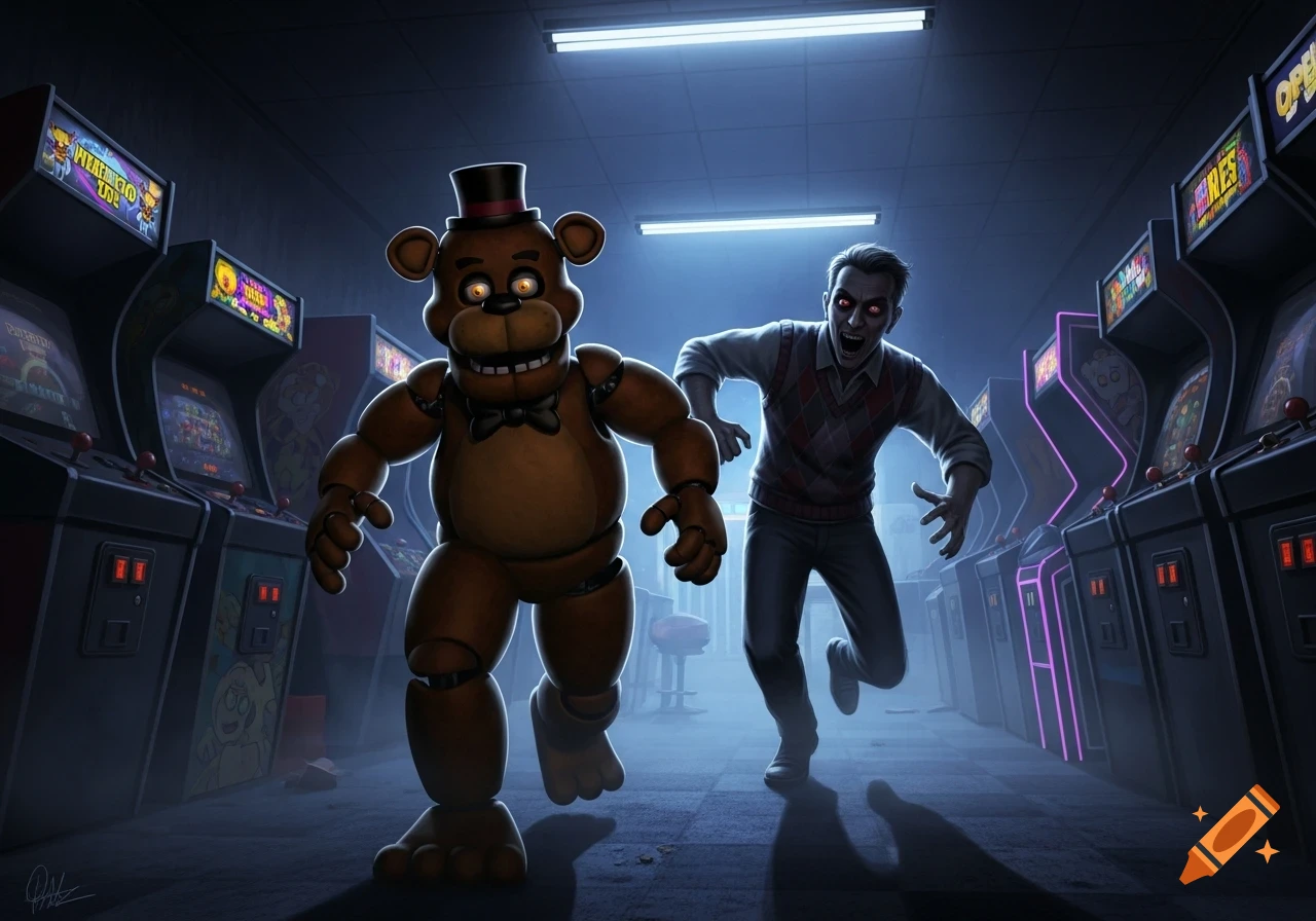 A brown animatronic bear runs away from a pale man with red eyes in a dimly lit arcade full of glowing machines.