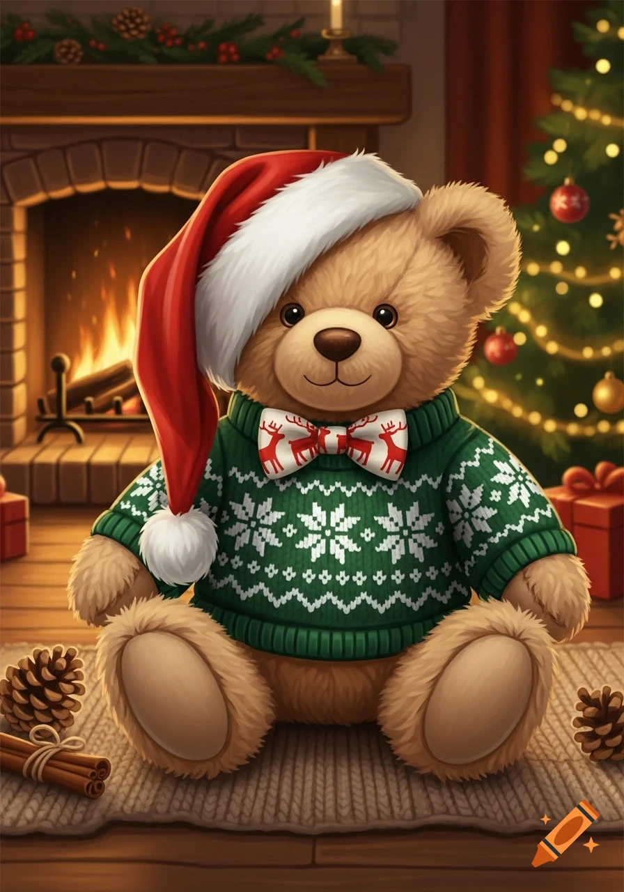 A fluffy teddy bear wearing a Santa hat and a green Christmas sweater with a reindeer bow tie, sitting by a fireplace and Christmas tree.