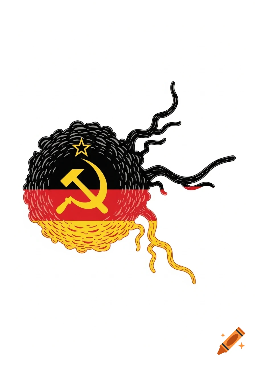 Stylized illustration of a cancer cell shaped like the GDR flag with roots and tendrils.