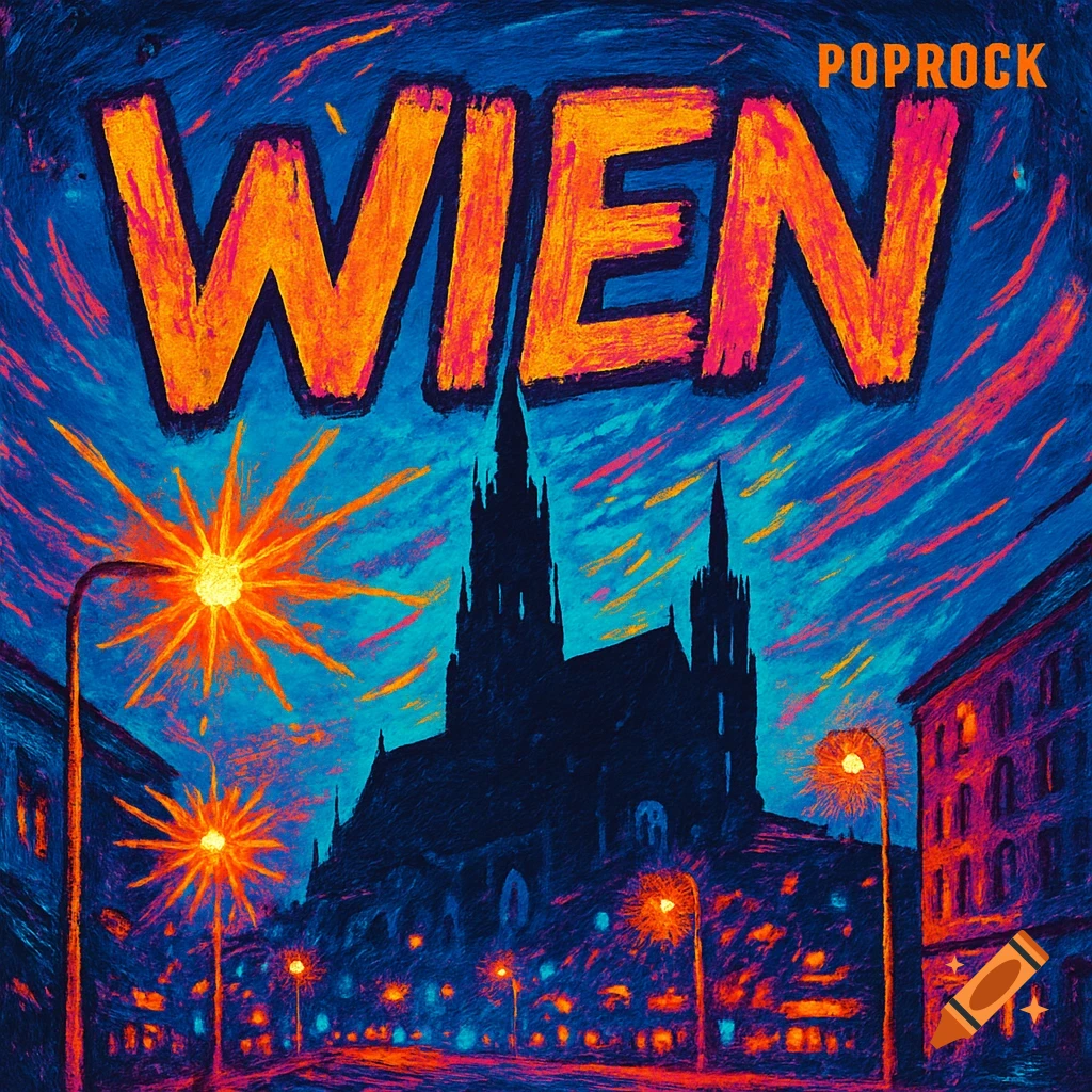 Stylized album cover for 'WIEN POPROCK' with a dark cathedral silhouette, glowing streetlights, and a vibrant, swirling blue and orange night sky.