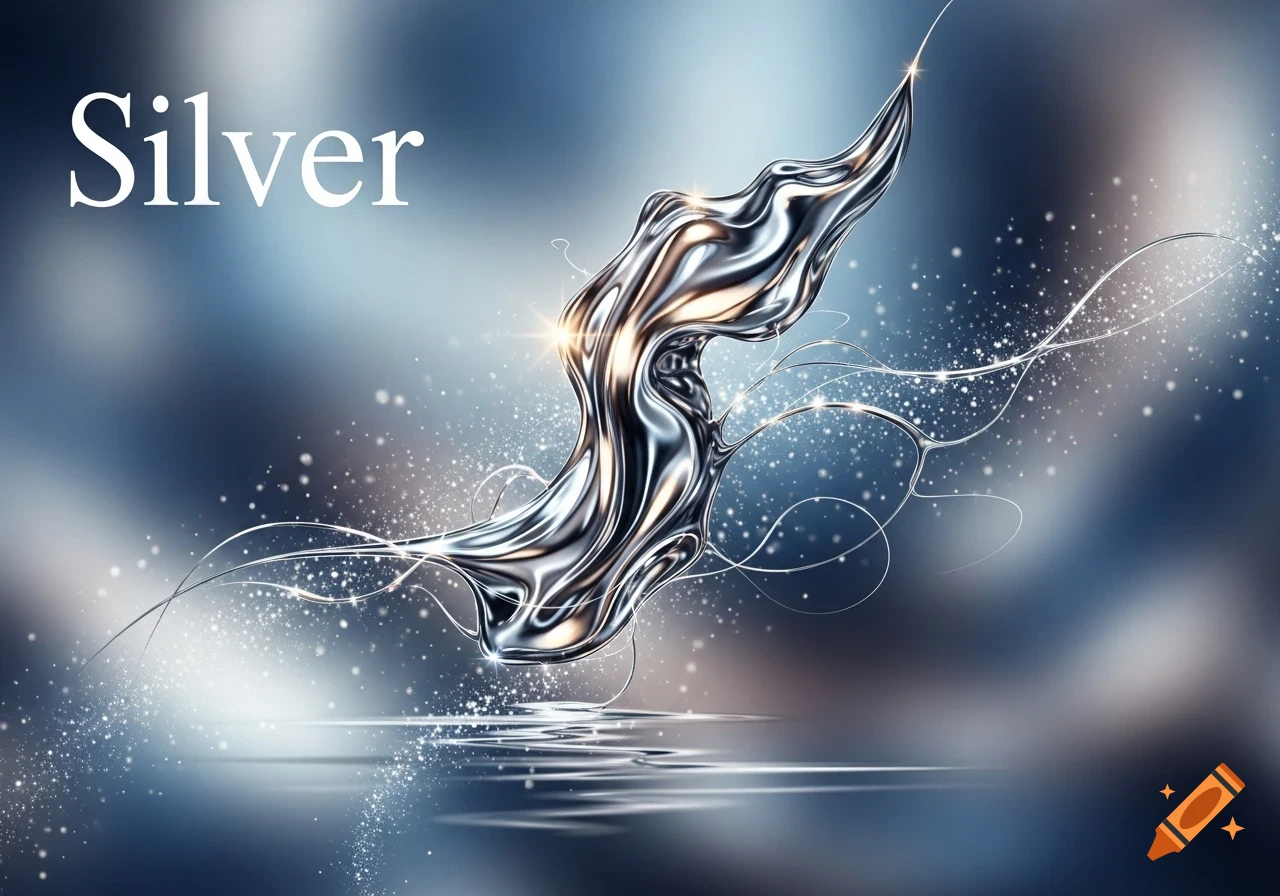 Abstract silver liquid metal form with glowing sparkles and thin lines on a blurred blue background.