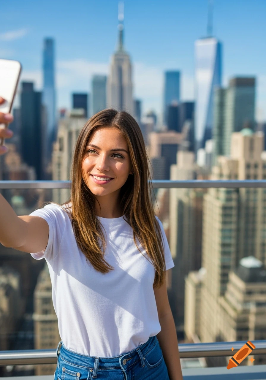 A smiling woman with brown hair and green eyes taking a selfie on a rooftop with the New York City skyline behind her.