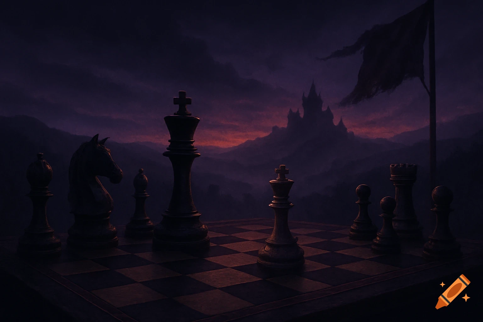 Dramatic dark fantasy painting of chess pieces on a board, with a distant castle and mountains under a purple sky.